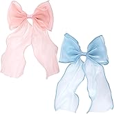 STSTR 2Pcs Large Hair Bow Clips, Pink Blue Silk Yarn Ribbon Bow Hair Barrette for Women, Elegant Long Tail Bowknot French Hairstyles Accessories for Wedding, Parties, Festivals