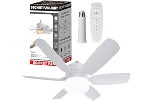 REYLAX Socket Fan Light, 19.7 inch Light Socket Ceiling Fan, 6 Fan Speeds, 3 Colors 3000K-6000K, 1200LM, Screw in E26/E27 Base, Small Ceiling Fans with Lights and Remote for Kitchen, Laundry Room