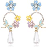 Colorful Flower Hoop Earrings for Women Dangle Floral Earrings with Teardrop Pearl Drop Hoop Earrings Vivid Dragonfly Flowers Statement Earrings Spring Summer Party Jewelry for Women