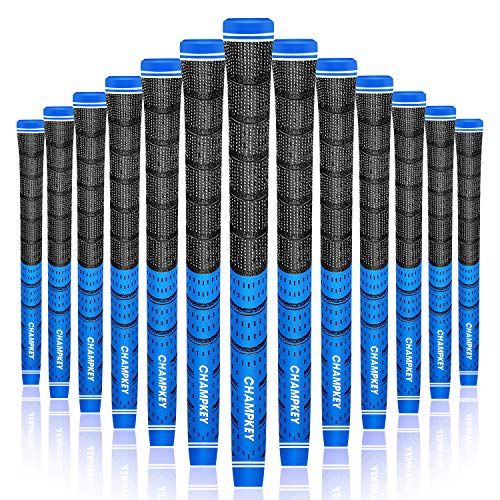 Champkey Multi Compound Golf Grips Set of 13 (5 Oz Solvent,Hook Blade,15 Tapes & Vise Clamp Available)-Choose Between 13 Grips & All Repair Kits and 13 Grips & 15 Tapes (Blue&Black, Standard Szie)