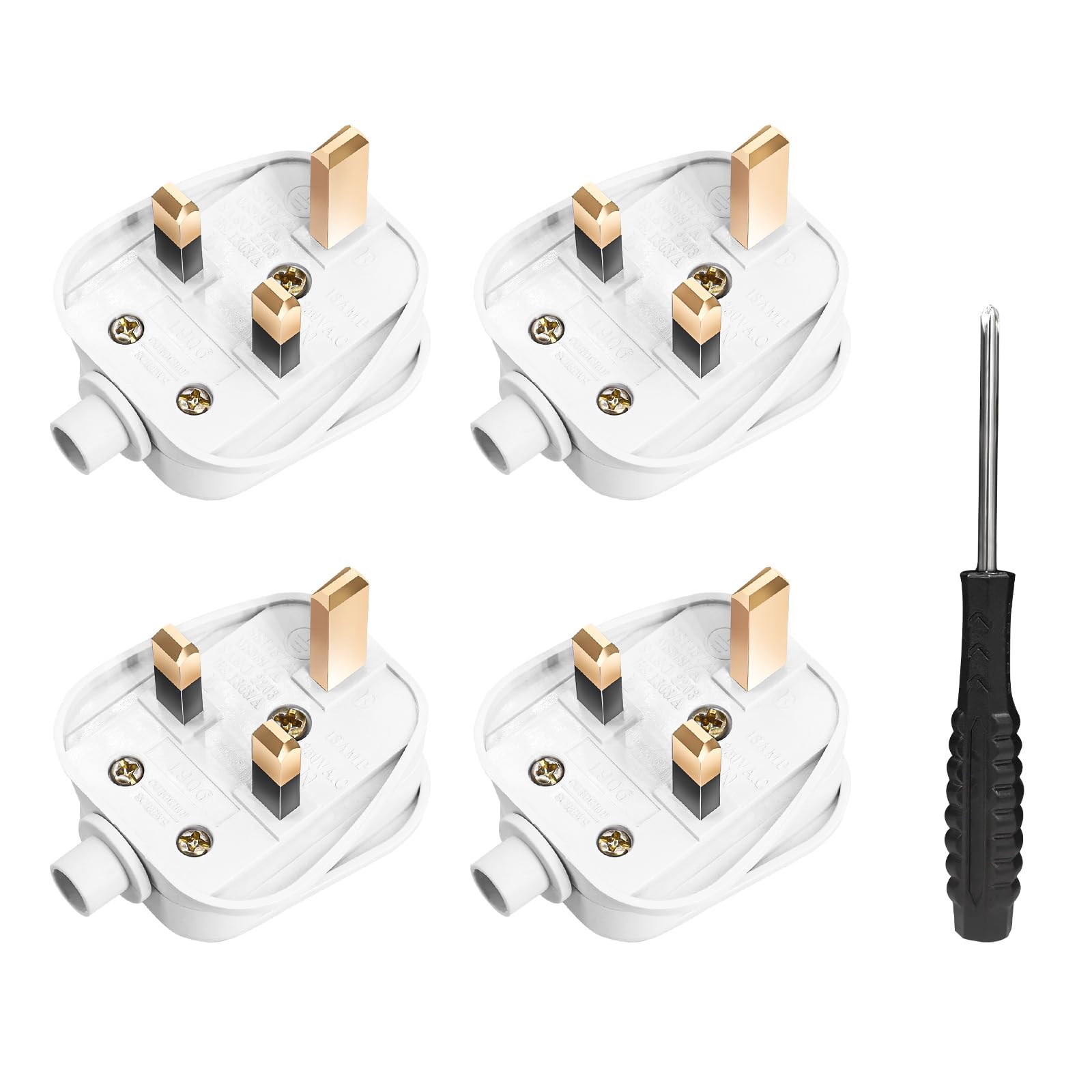 UK Plugs with 13 AMP Fused, 3 pin Mains Plug with Cord Grip Rewireable Heavy Duty Electrical Plug, Rubber Composite Plug, 4 Pack - White
