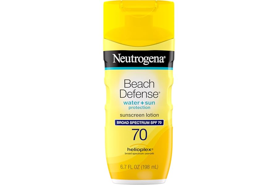 Neutrogena Sunscreen Lotion Beach Defense SPF 70, Face & Body Sunscreen, Broad Spectrum, Fast Absorbing, 6.7 Fl Oz, Water Resistant 80 Min, Oil-Free, Oxybenzone & Octinoxate Free