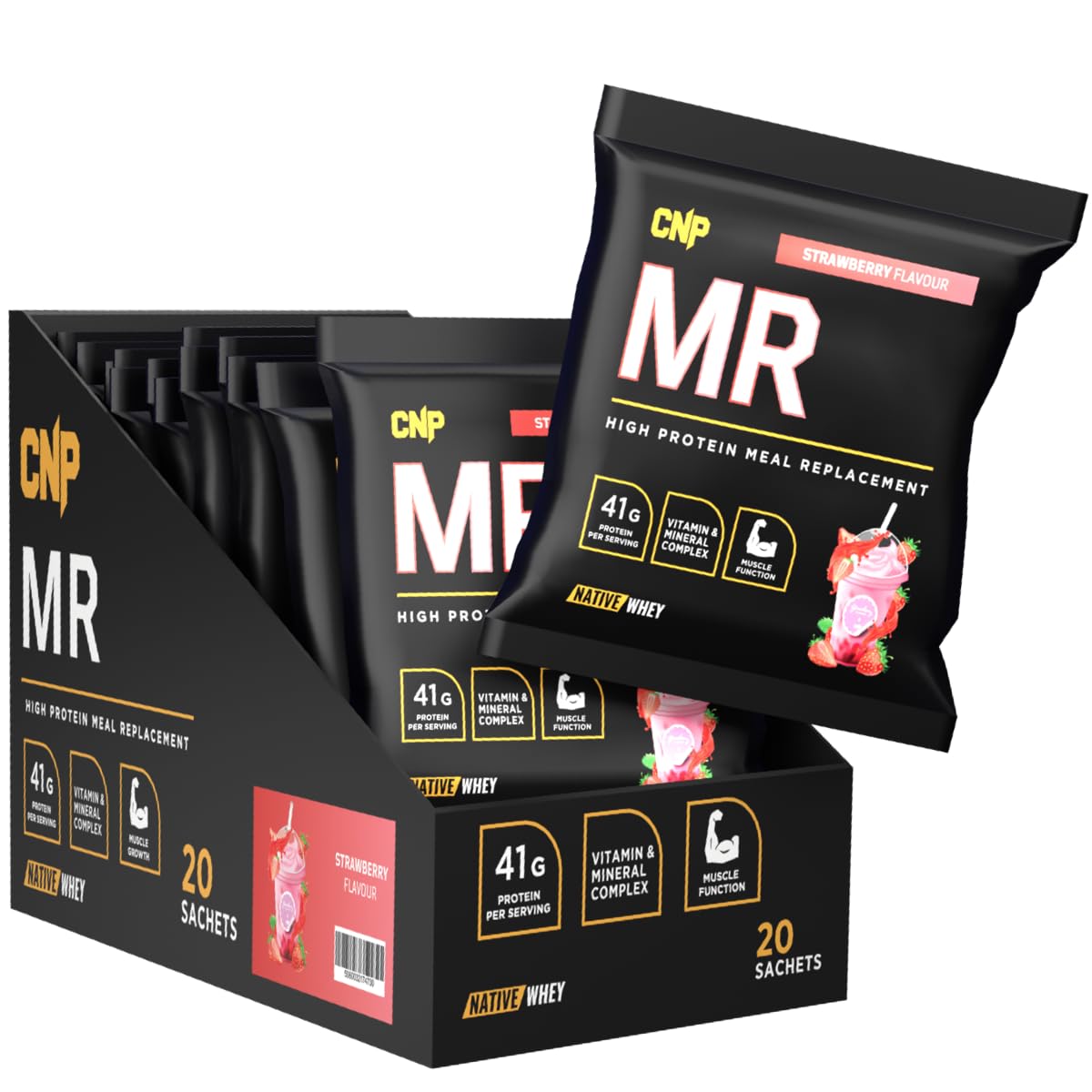 CNP Professional MR, High Protein Complete Meal Replacement Shake, 41g Protein with Vitamins & Minerals, Probiotics, Native Whey and Casein, 72g x 20 Sachets, 3 Flavours Available (Strawberry)