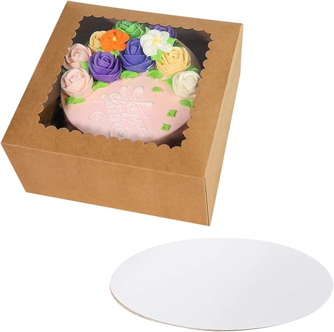 8x8x4inch Large Cake Boxes and Boards,Brown Tall Sturdy Bakery Boxes with Window Lids Disposable