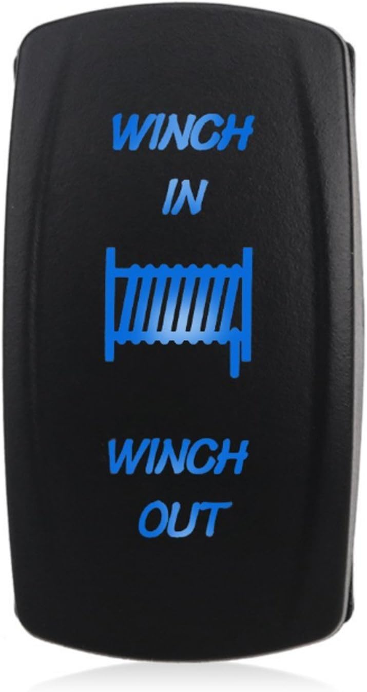 Reusious 7 pin Momentary illuminated Rocker Toggle Switch Winch In Out Waterproof DC 20A/12V or 10A/24V Blue/ON-OFF-ON Rocker Switch For UTV Car Auto Truck Boat Marine