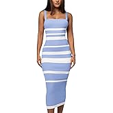 RomMoon Women's Casual Spring Summer Striped Midi Dress Ribbed Knit Sleeveless Bodycon Sweater Dresses