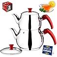Hakan Stainless Steel 2 L, 67 Oz, Mini Double Bondy Tea Pot Set with Self Strainer Double Lids, Turkish Samovar Style Teapot Set, Tea Kettle for Loose Leaf Tea with Red Bakelite Handle 2.1-Quart