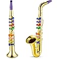 Amylove Set of 2 Musical Instruments Including Toy Clarinet Saxophone Plastic Saxophone Finish Toy Instruments Clarinet with 8 Colored Keys for Music Little One Home School Music Gift(Gold)