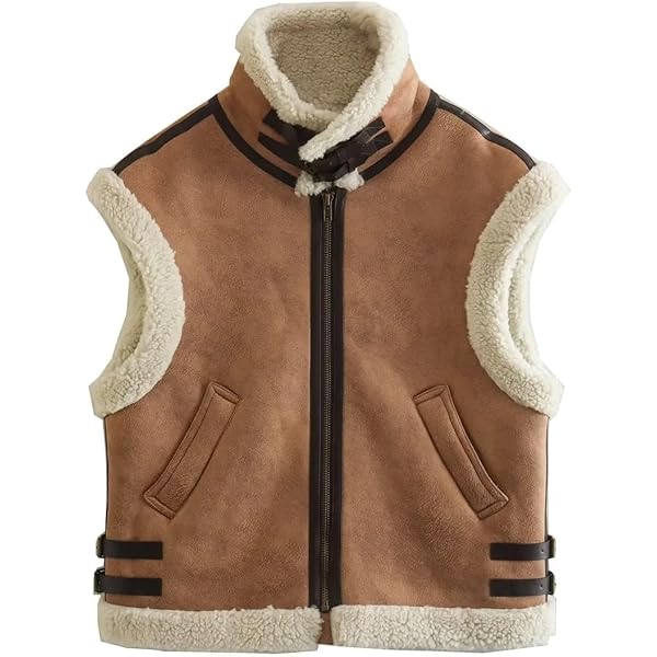 Uillui Women's Winter Trendy Crop Sherpa Lined Suede Leather Vest