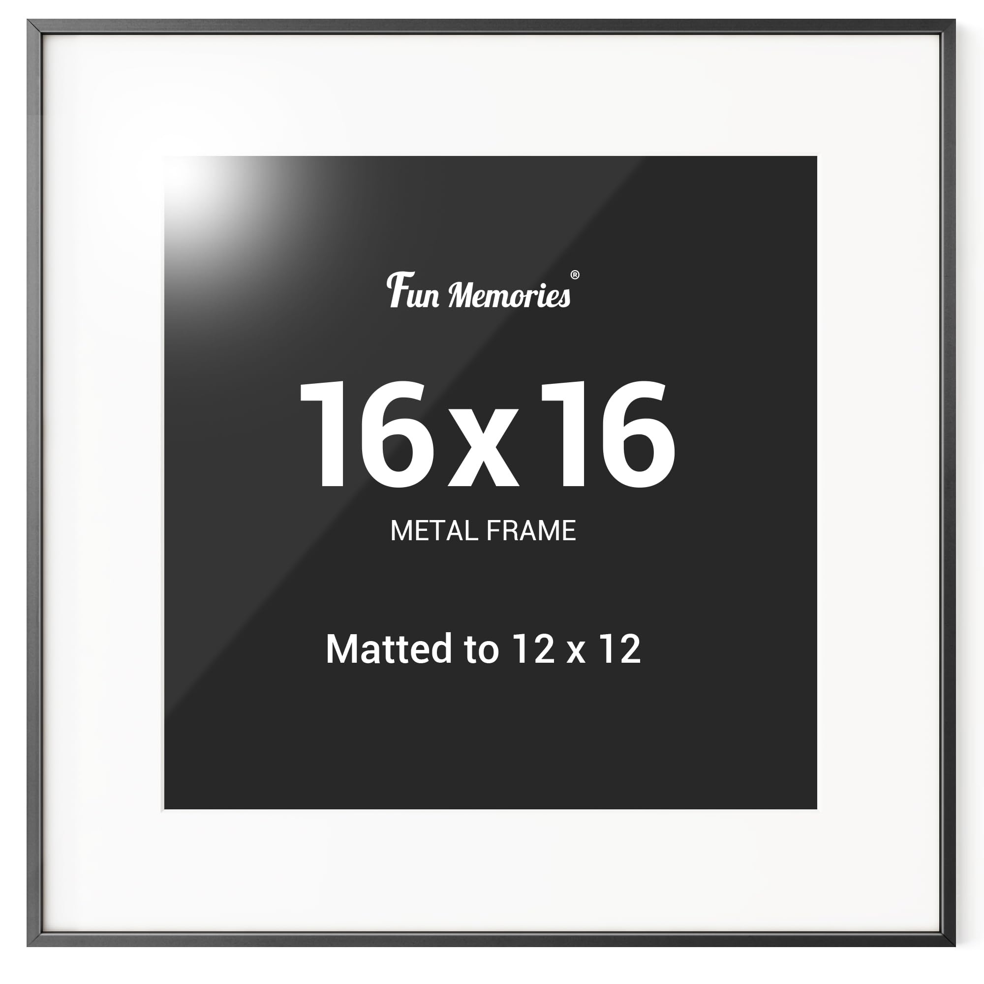 Fun Memories 16x16 Metal Picture Frame with 12x12 Mat, Black 16x16 Photo Frames with 12x12 Removable Mat with Glass, Vertical and Horizontal Display, Hanging Wall Display Frames, Set of 1
