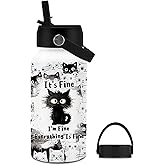 Cat Gifts for Women, 25oz Fine Cat Water Bottle with 2 Lid & Straw - I'm Fine Black Cats Insulated Water Bottles, BPA-free Leakproof Sports Waters Bottle for School Travel, Gift Cup for Cats Lover