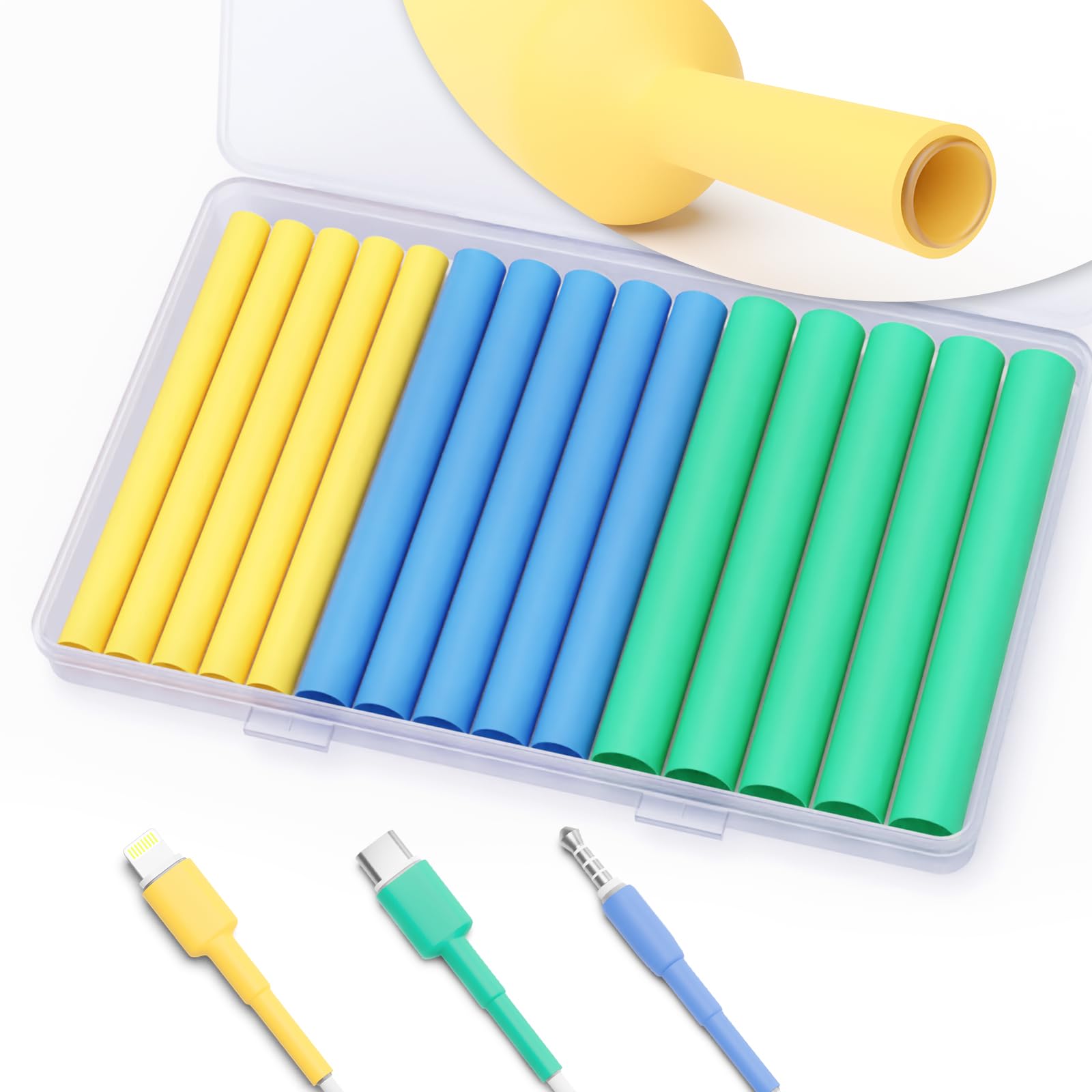 Pointool Heat Shrink Tube Wrap, 3:1 Ratio, 6.4 mm / 7.9 mm / 9.5 mm, Heat Shrink Tubing Kit Sleeving Dedicated to the Repair and Protection of Phone Cables, Earphone Cables, Yellow&Blue&Green