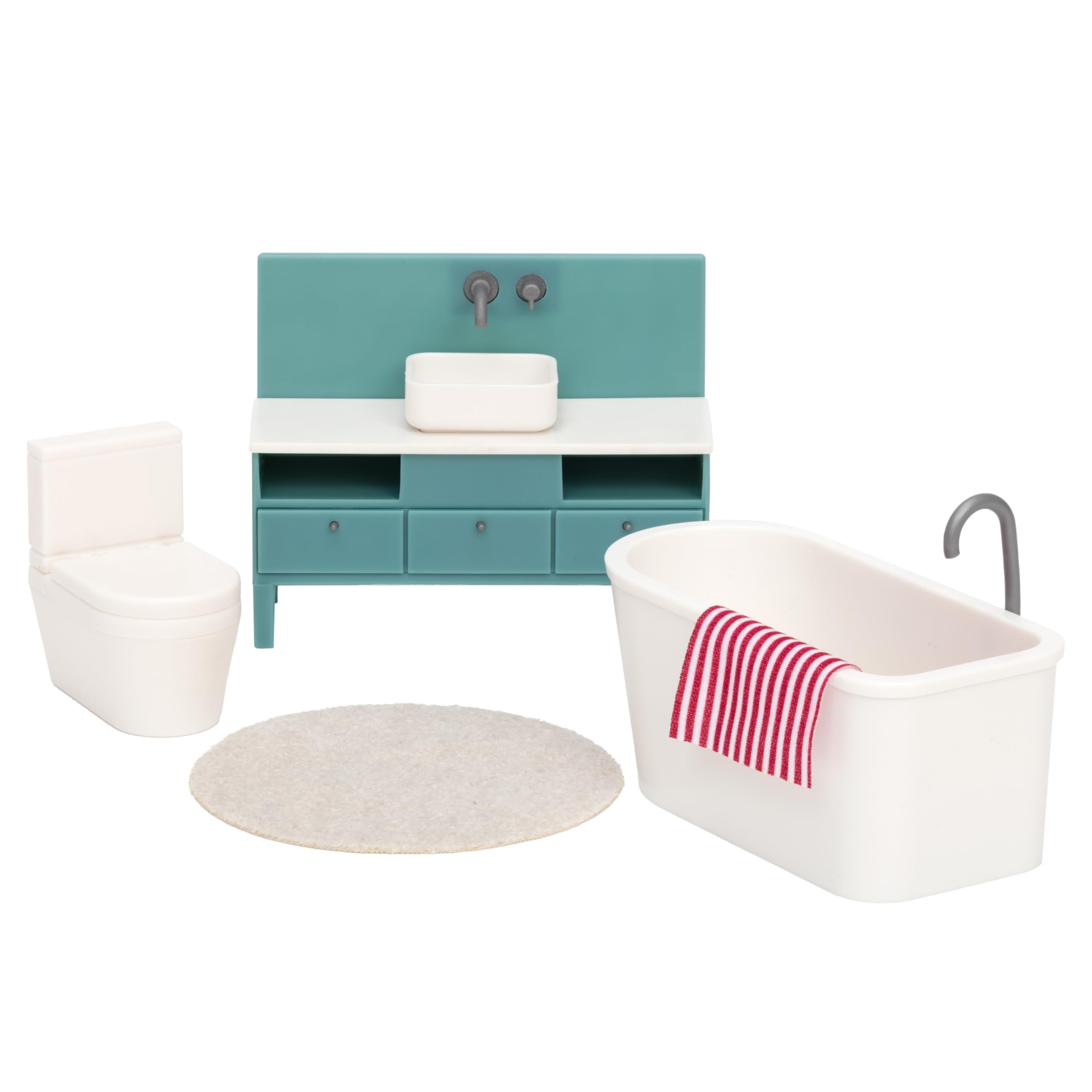 LUNDBY Dolls House Furniture Bathroom Set — Freestanding Bath + Sink Unit + Toilet + Mat + Towel — Doll House Accessories — 5 pieces — for 11cm Mini Dolls — Age 3+ 1:18