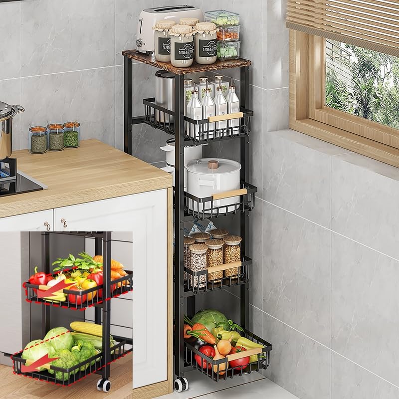 Photo 1 of CarolynDesign Metal Wire Baskets with Wheels, Kitchen Storage Stackable Vegetable Fruit Cart Bins with Pull Out Wooden Handel Mat Bottom Sliding Dawers, for Bathroom, Garage and Pantry