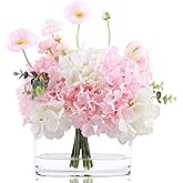 WELL KNOWN Artificial Flowers in Vase, Fake Hydrangea Tulip Flowers Bouquet with Big Glass Vase for Home Office Wedding Party Decor for Dining Table Centerpiece Housewarming Mom's Gift (Pink White)