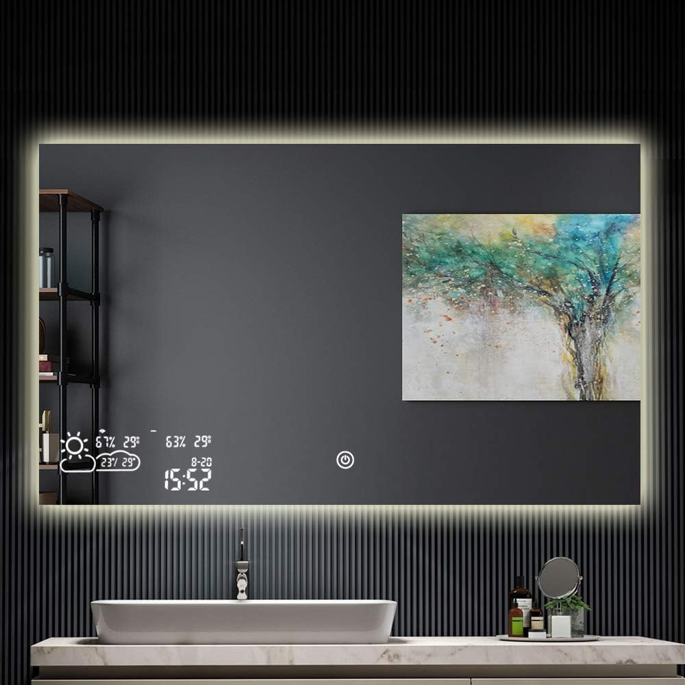 Byecold Vanity Bathroom Mirror with LED Dimmable Light Touch Screen Demister Weather Forecast