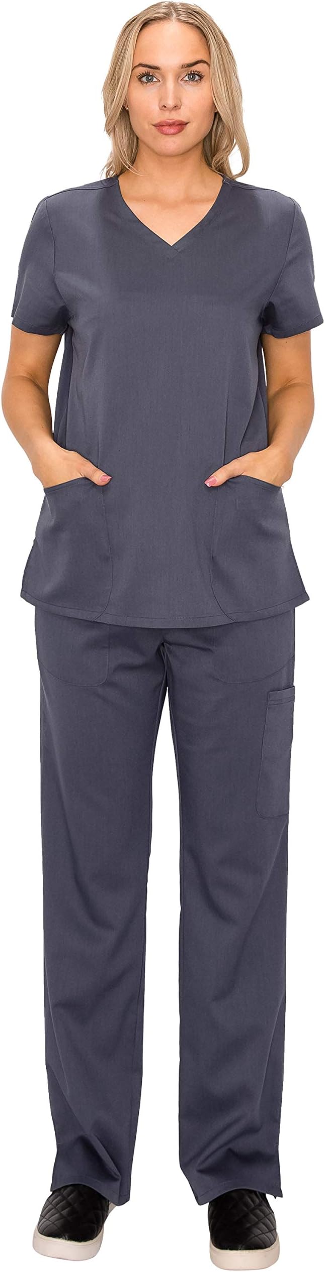 Women's Medical Uniform Scrub Sets - 2 Piece V Neck Top and Pants Stretch Lightweight with Pocket TGU12859 Dark Grey M
