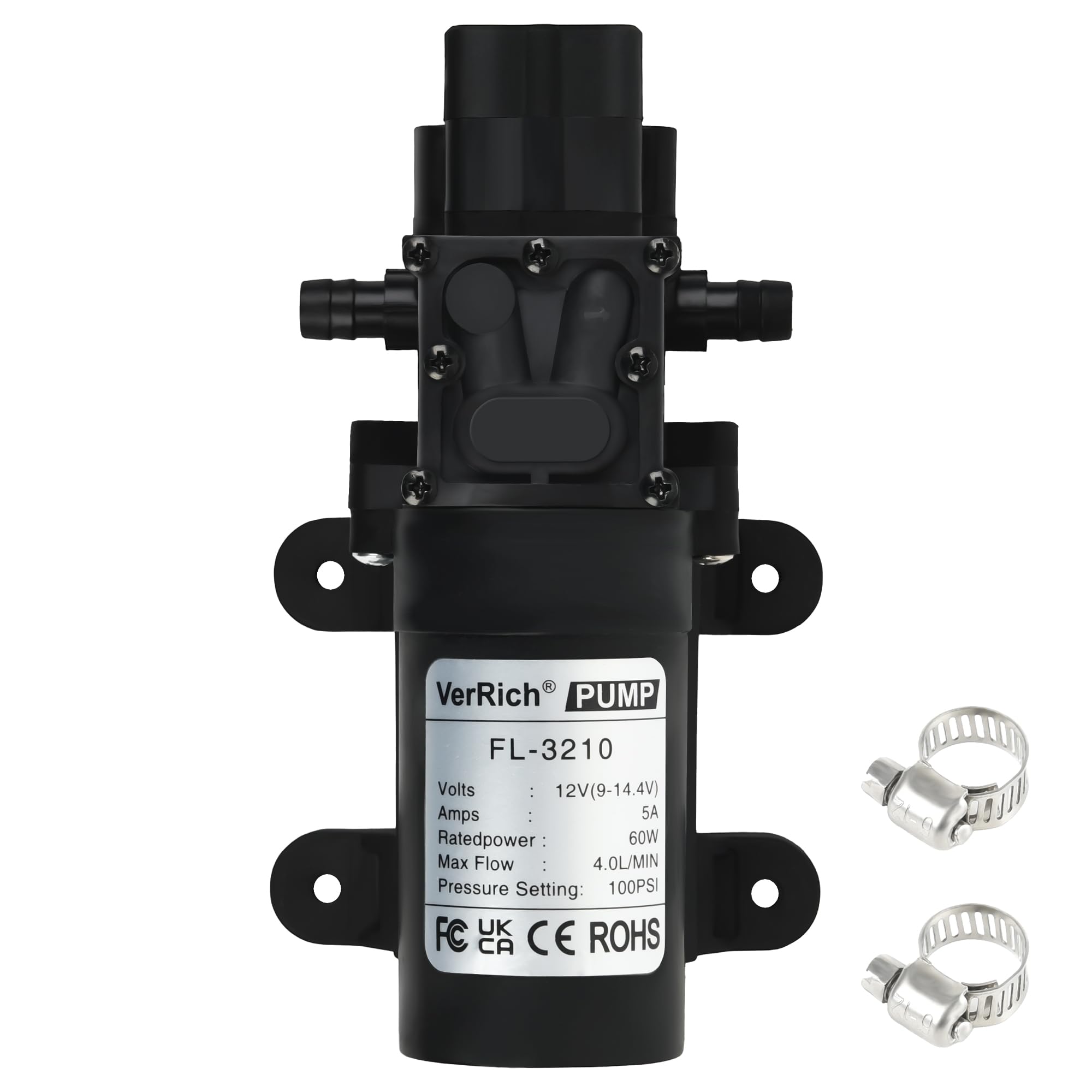 VerRich DC 12V Water Pump 100PSI 7 Bar Diaphragm Pump with Pressure Switch 4L/Min 1GPM 3/8" 10mm Connector with 2 Adjustable Hose Clamp for Water taps,Motorhome,Caravan