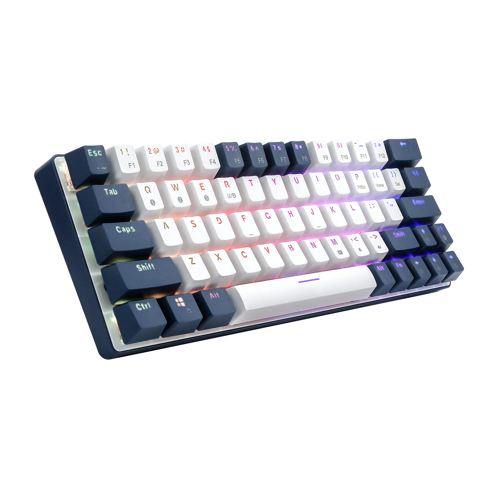 HUO JI 60% Mini Mechanical Gaming Keyboard, Bluetooth Wired Ergonomic Design with USB Cable RGB Lighting Blue Switch 63 Keys for PC, White and Blue (QWERTY, US Layout)