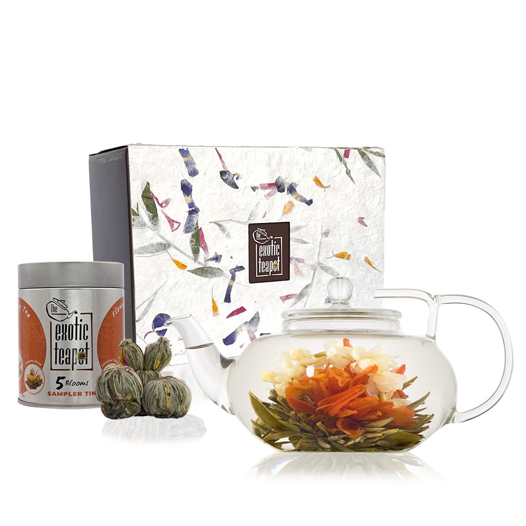 The Exotic Teapot - Flowering Tea Gift Set, Lotus Glass Teapot (400ml), 5 Bloom Sampler Tin of Flower Tea, Handmade Gift Box