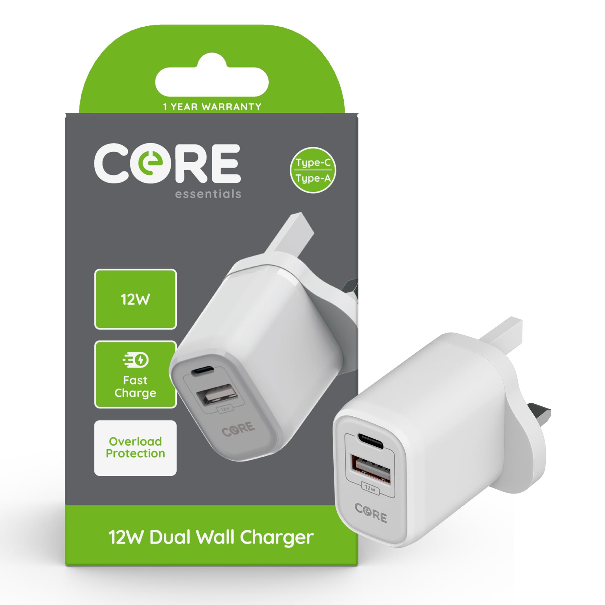 Core Essentials | Dual USB A + USB C Wall Charger Plug | Fast Charging 12W | Smartphone & Device Charging Plug | Charges two devices at once | White
