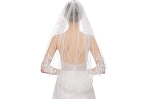 JWICOS Elegant 1 Tier Wedding Veil for Brides Simple Women Soft Tulle Veil Crystal Beaded Veil for Wedding Hen Party (Ivory)