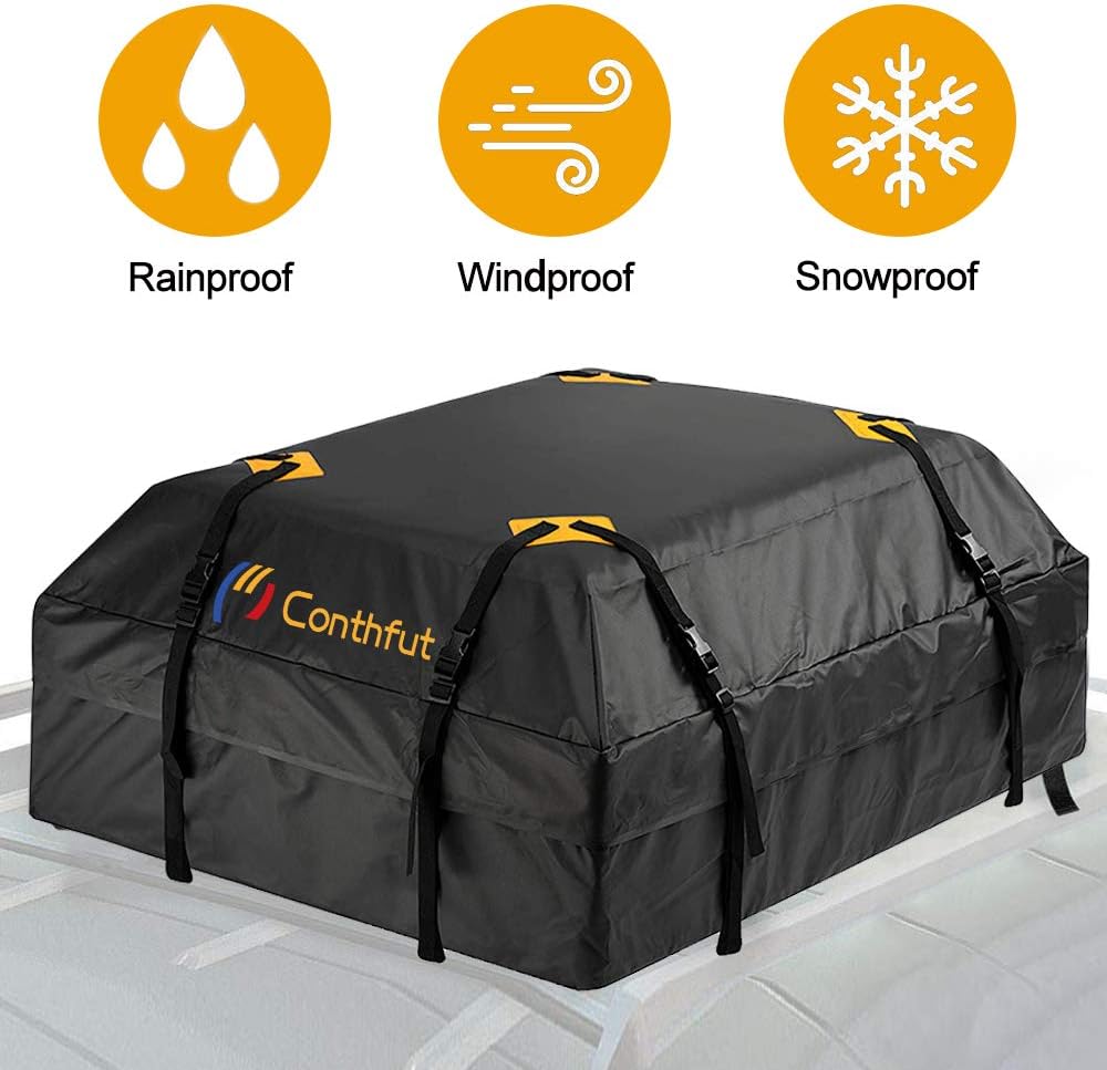 Conthfut Rooftop Cargo Bag - (15 Cubic Feet) Coated Zippers & Heavy Duty Roof Bag - 100% Waterproof Excellent Quality Car Top Carrier Bag Fits All Cars with/Without Rack - Roof Top Car Bag