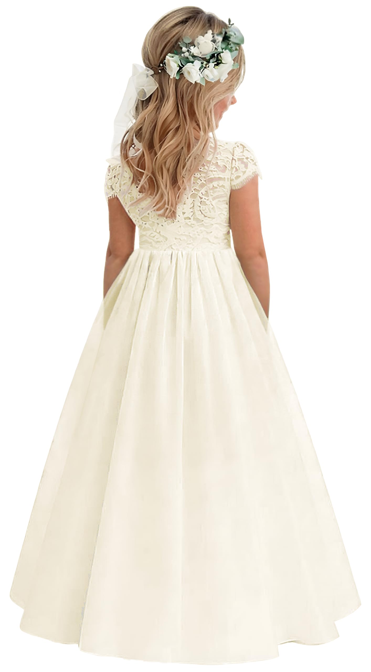 Photo 1 of 2Bunnies Girl Paisley Lace Back A-Line Tutu Tulle Party Flower Girl Dresses (Short Sleeve Maxi-Ivory, 7/8)