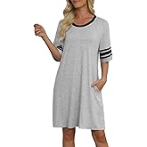 Kinnette Womens Nightgowns Short Sleeve Sleepwear Color Block Sleepshirts Lightweight Nightshirt with Pockets