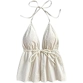 SHENHE Women's Leopard Floral Bow Tie Halter Top Y2k Split Backless Sleeveless Summer Tops