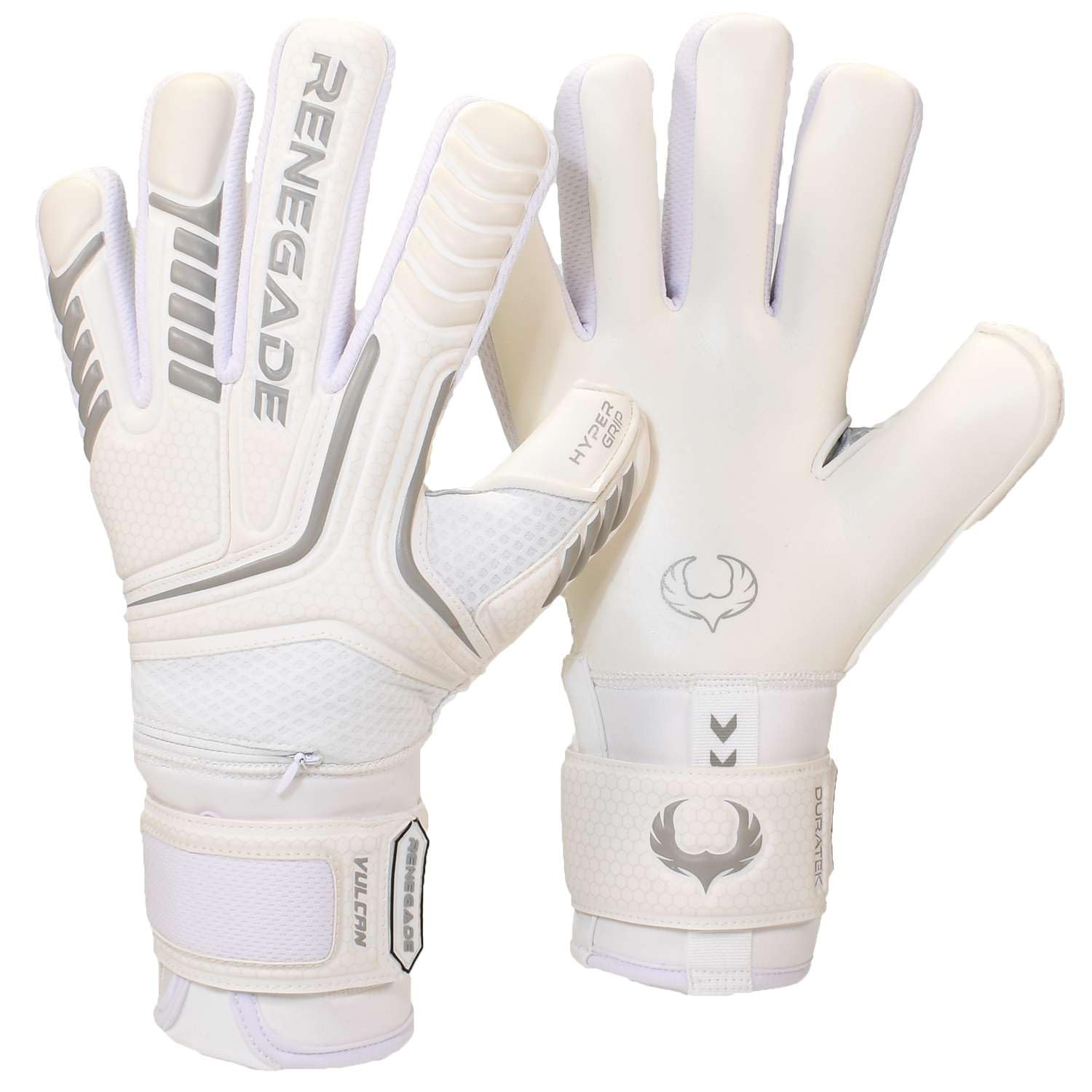 Renegade GK Vulcan Whiteout Goalie Gloves with Finger Savers | 3.5+3mm Hyper Grip & 4mm Duratek | White Soccer Goalkeeper Gloves (Size 8, Youth-Adult, Roll Cut, Level 3)