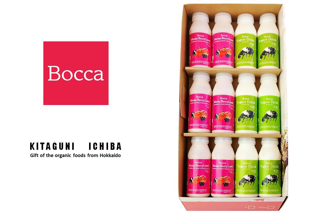 【冬ギフト 北海道牧家Bocca 飲むヨーグルト&ラッシーセット200ml×12本】FOODEX JAPAN2014にて『ご当地ヨーグルトグランプリ』で最高金賞を受賞。北海道伊達市の酪農家さんで生産された生乳の旨味を、飲むヨーグルト&ラッシーにつめ込みました。