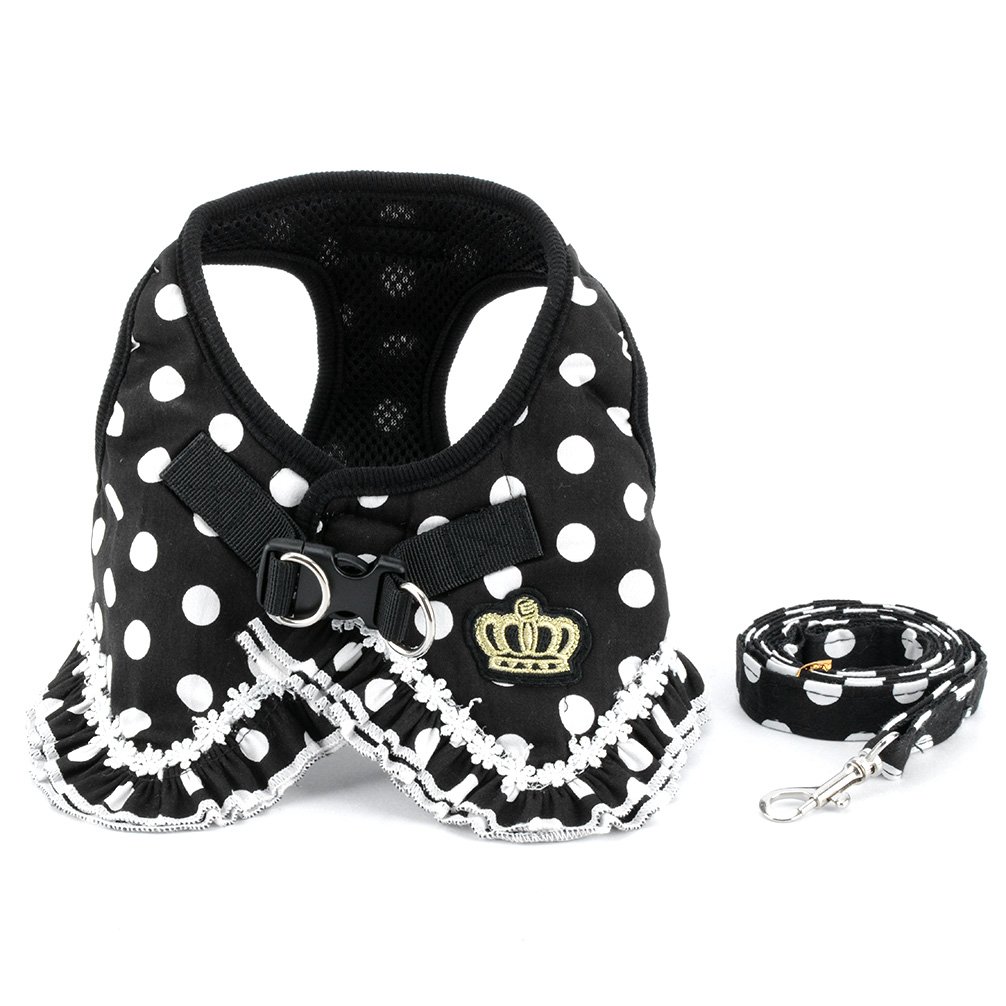 SELMAI Puppy Cat Girl Dog Ruffles Polka Dots Small Dog Vest Harness Lead Set Mesh Padded No Pull Black XL