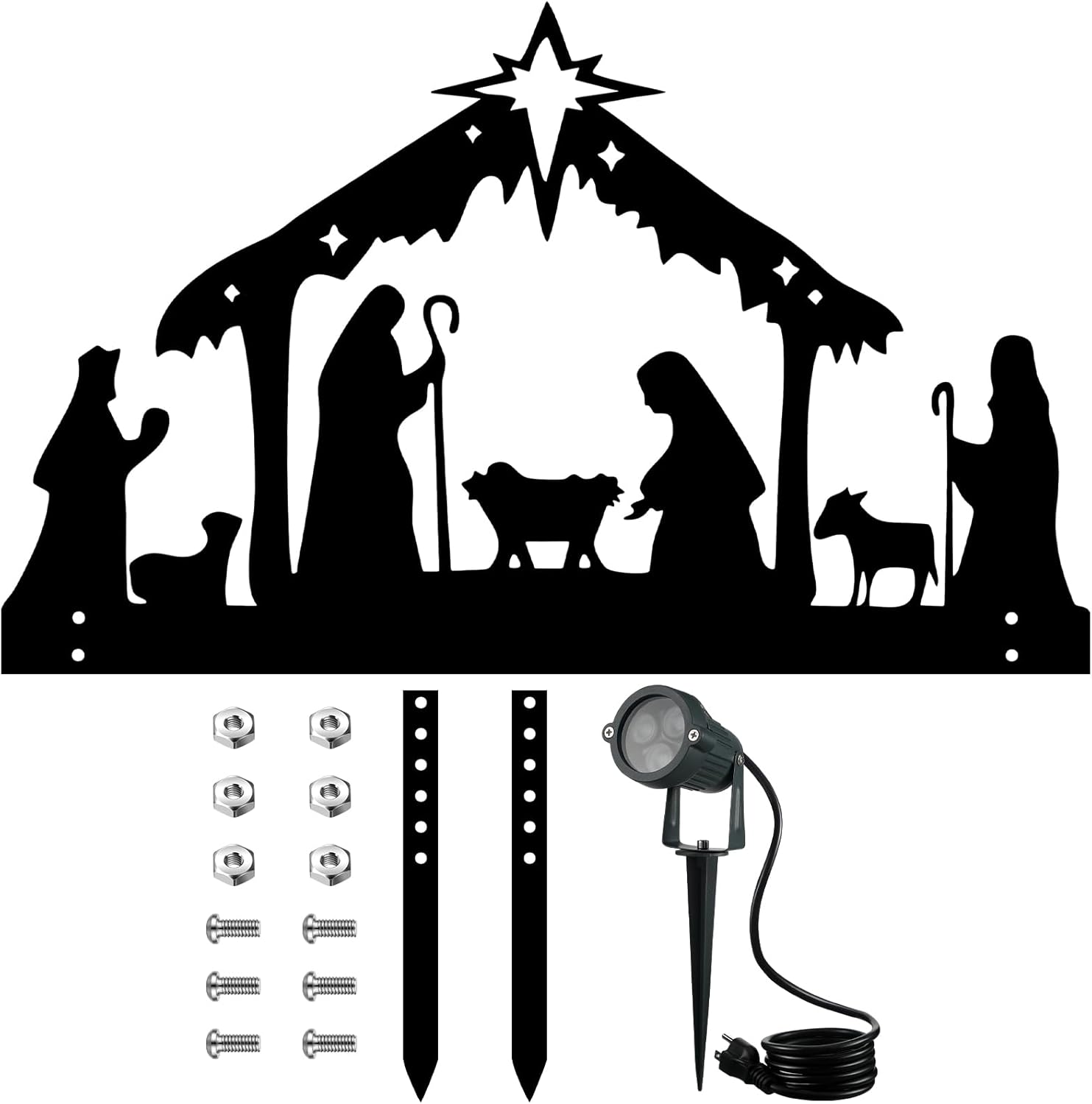 Yard Signs - VIHOSE Metal Outdoor Nativity Scene Silhouette Yard Sign Christmas Garden Decorations with LED Spotlight 3 W Landscape Spotlight and Metal Stakes for Xmas Holiday Lawn Walkway Decor(Rectangle)