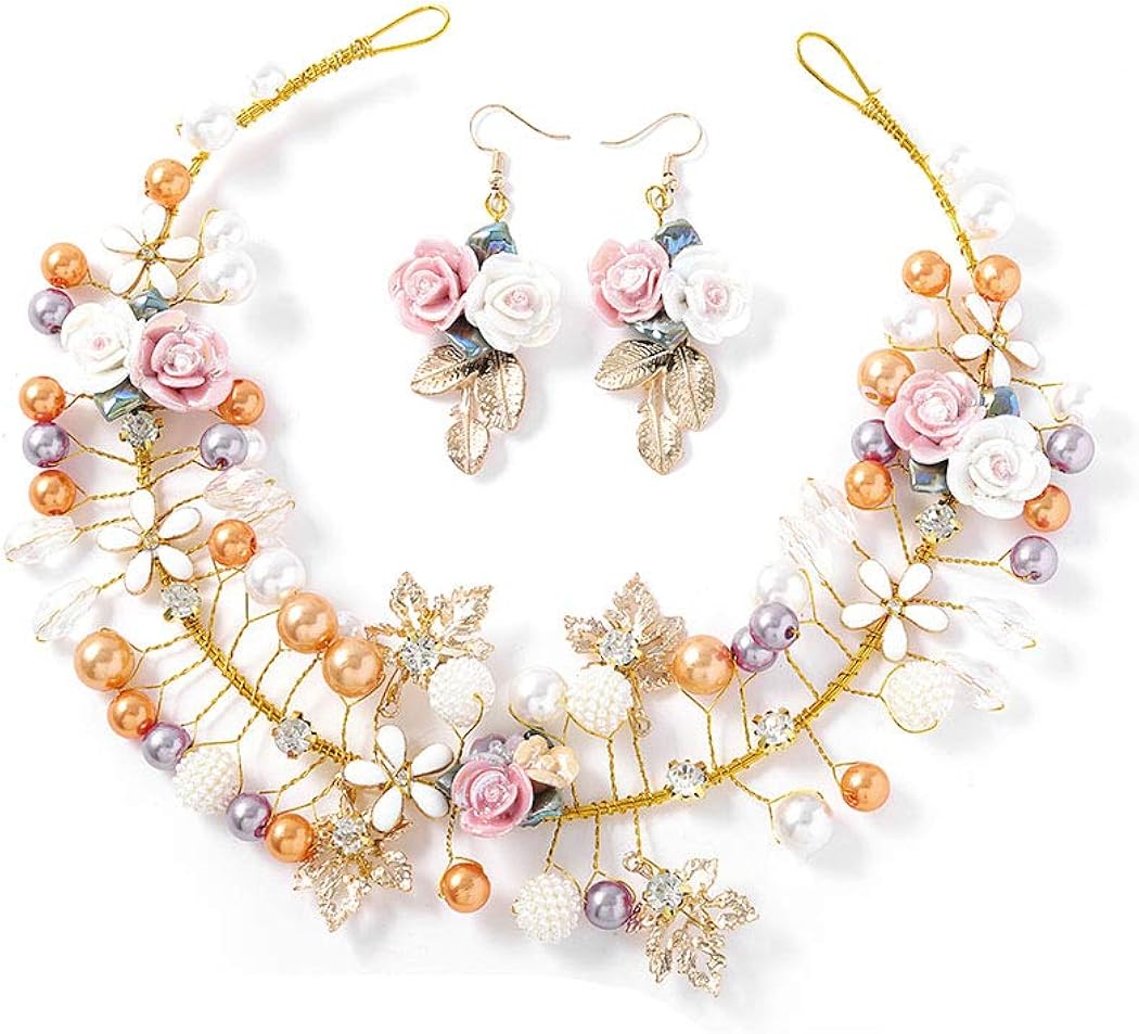 Campsis Flower Bride Headpiece Colorful Beads Headband Princess Bridal Hair Accessories for Women and Girls Gold