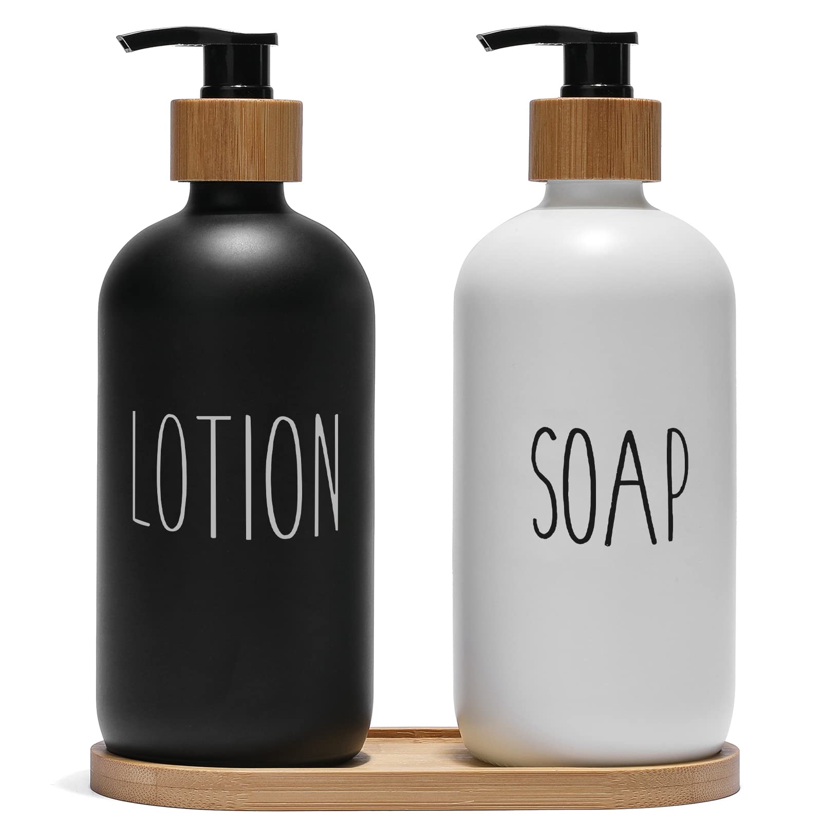 FEILANDUO Glass Soap Dispenser Set, Kitchen & Bathroom Dispenser with Bamboo Pump and Soap Tray, Farmhouse Home Decor (Black + White) — image 1