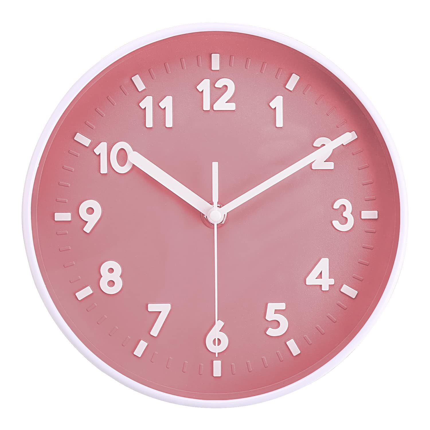Topkey 8” Round Silent Wall clock Easy Read Big Numbers Kitchen Modern Non-ticking Decorative Wall Clock for Bedroom Office school-Pink