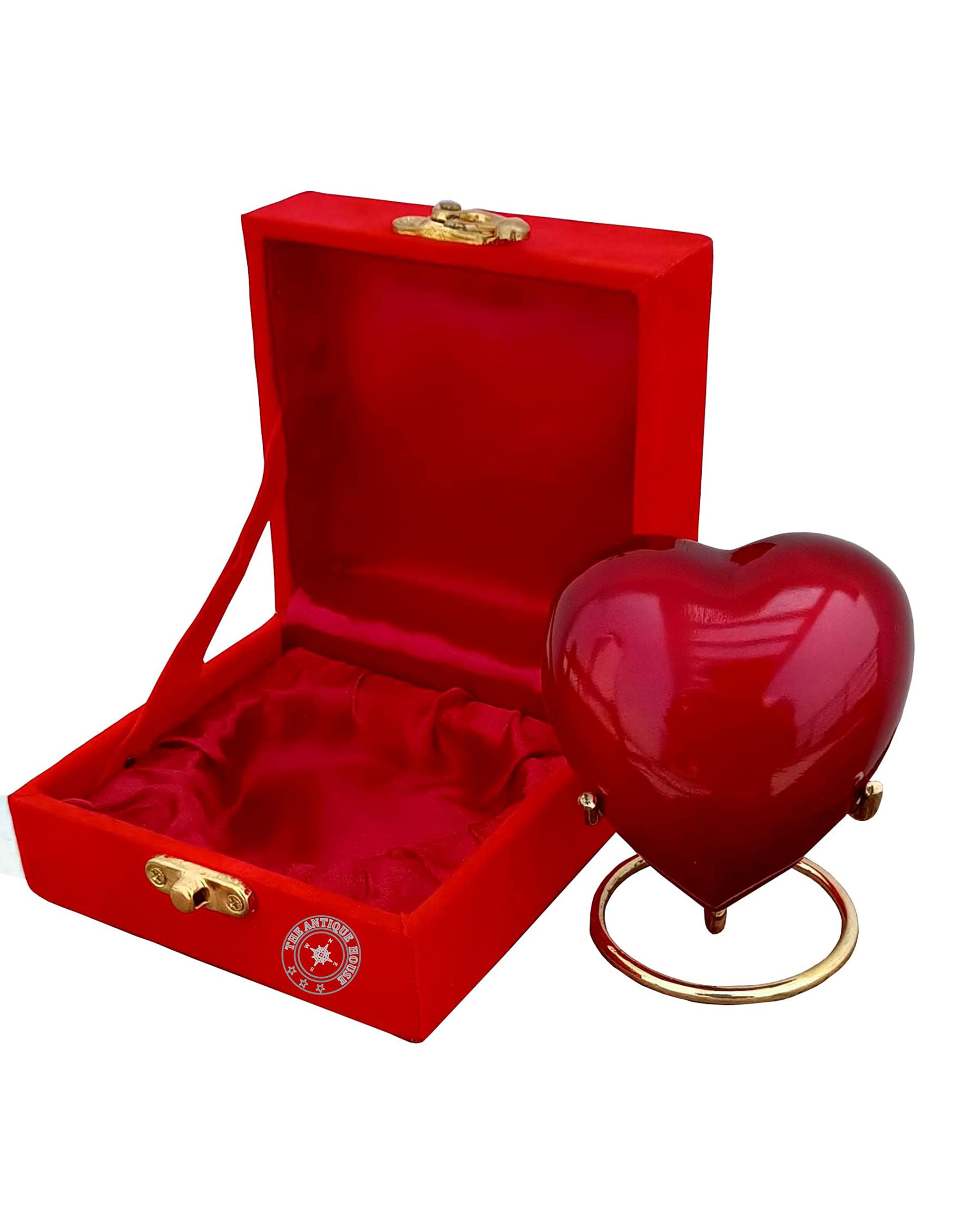 Cremation Urn for Ashes Keepsake Red Heart Urn with Red Box and Brass Stand Mini Pet Memorial Urn