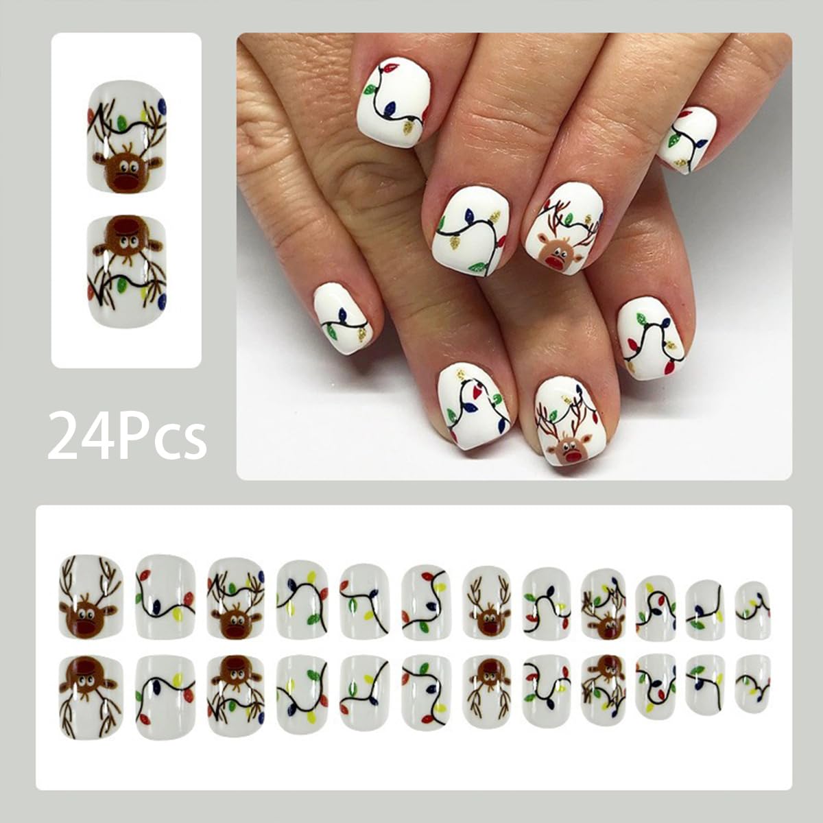 Christmas White Press on Nails Square Short Fake Nails Cute Elk False Nails with Cartoon Xmas Colorful Lights Designs Full Cover Acrylic Nails with Nail Glue Reusable Stick on Nails for Women 24Pcs - Image 2