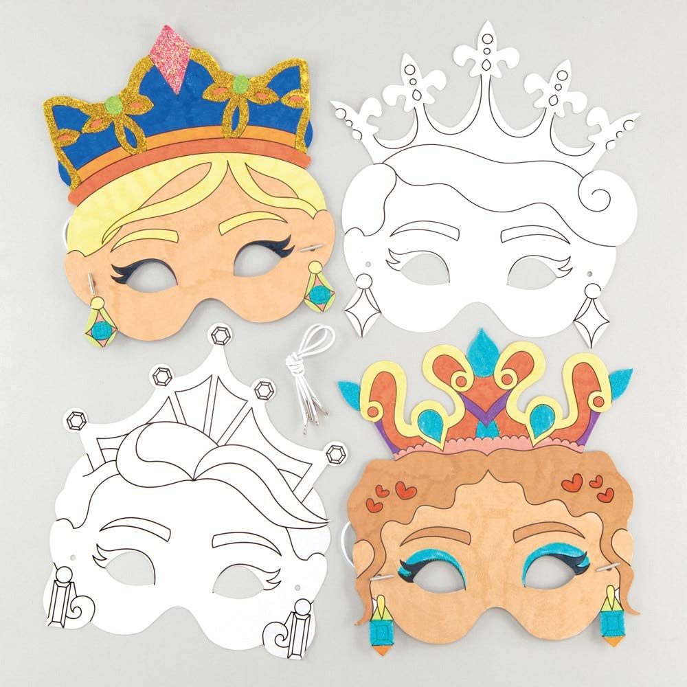 Baker Ross AW474 Princess Colour-In Masks (Pack of 8), White, 18.5 cm-20.5 cm