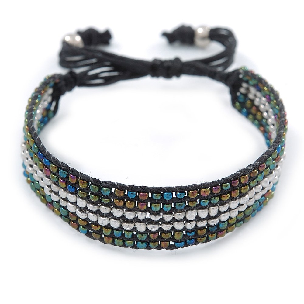 Avalaya Unisex Peacock/Silver Glass Bead Friendship Bracelet - Adjustable