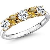 Gem Stone King 925 Silver and 10K Yellow Gold White Topaz and Yellow Citrine Wedding-Bands Ring For Women | 1.50 Cttw | Round 4MM | Gemstone November Birthstone