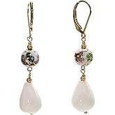 LTC Designs White Cloisonne and White Agate Teardrop Earrings with 14k Gold Plated Base Metal Leverback Ear Wires for Women, Unisex Adults, Casual Everyday Wear, Gifts for Her, Birthdays