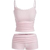 WDIRARA Women's Ribbed Knit Cami Pajama Set Ruched Shorts 2 Piece Sleepwear Pjs