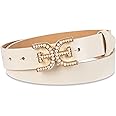 Sam Edelman Women's Imitation Pearl Embellished Double-E Logo Plaque Buckle Leather Belt for Jeans, Dresses and Trousers