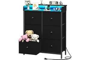 Yoobure Dresser for Bedroom with Charging Station, 6-Drawer Chest Furniture with LED Lights, Fabric Dressers & Chests of Drawers, Storage Tower Organizer Unit for Kids Room Closet Living Room Hallway