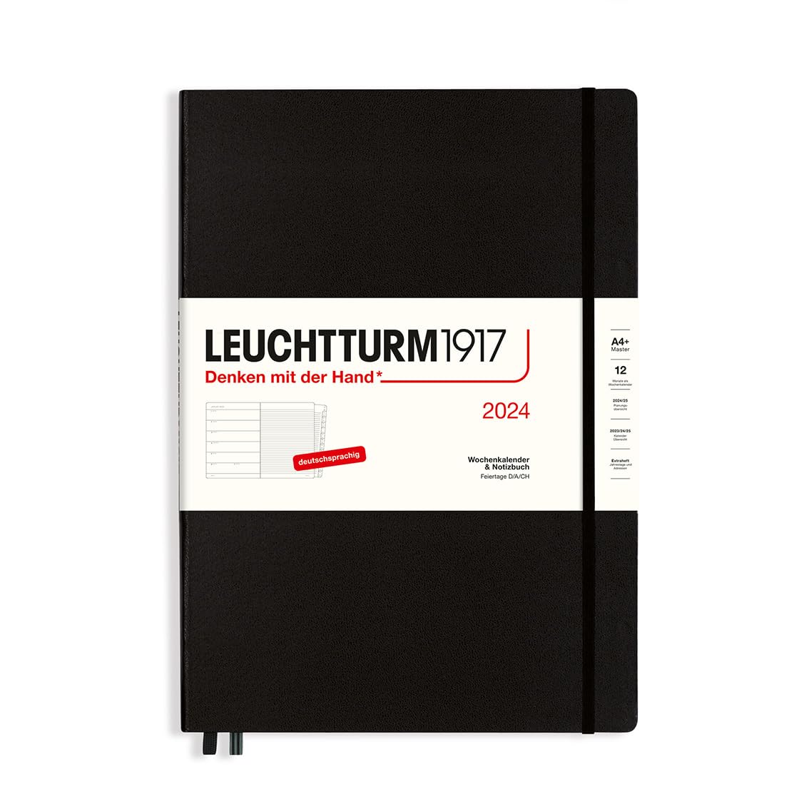 LEUCHTTURM1917 367693 Weekly Calendar & Notebook Master (A4+) 2024, with Extra Book for Addresses and Anniversaries, Black, German, 12 Months