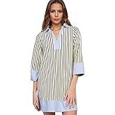 Kwoki Women's Striped Summer Mini Dress 2026 Casual Patchwork Lapel V Neck 3/4 Sleeve Elegant A Line T Shirt Dresses