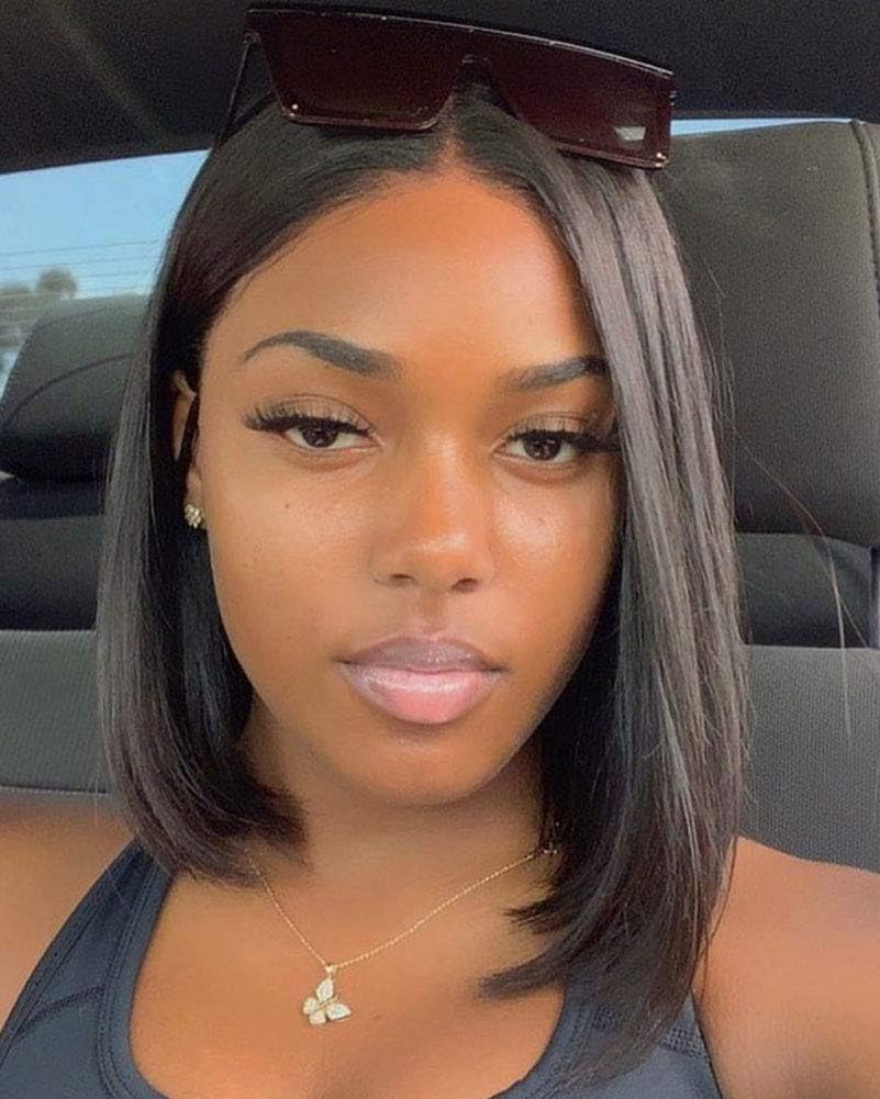 ATZHAIR 4x4 Lace Front Wigs Brazilian Remy Human Hair Wig Straight Short Bob Wig Pre Plucked with Baby Hair for African American Women Natural Color(10 inch with 150% Density)