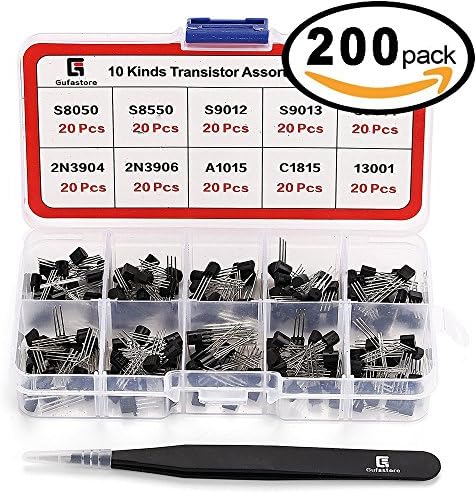 Gafastore 10 Kinds Transistor Kit 200pcs NPN PNP Power Transistor Assortment Kit With Anti-static Tweezer, Including S8050 S8550 S9012 S9013 S9014 2N3904 2N3906 A1015 C1815 13001